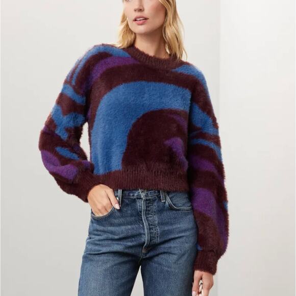 Louna Purple Blue Fuzzy Sweater SMALL Cropped Oversized Soft Cozy Crewneck $140 - Picture 1 of 11